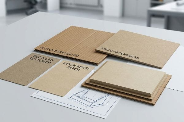 Warehouse display stand materials: Fluted Corrugated, Solid Paperboard, Recycled Testliner, and Virgin Kraft Paper samples.