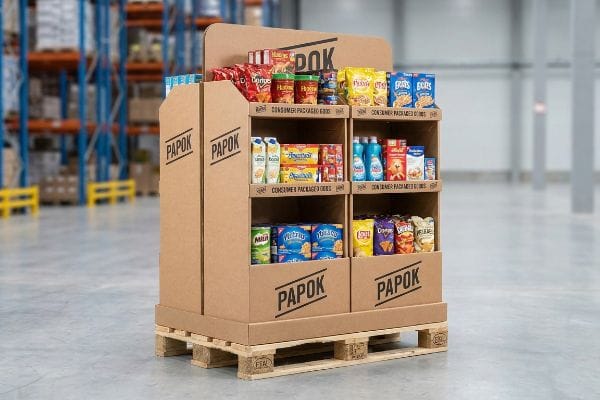 Présentoir sur palette Papok en carton ondulé, rempli de divers produits de consommation emballés, dans un entrepôt.