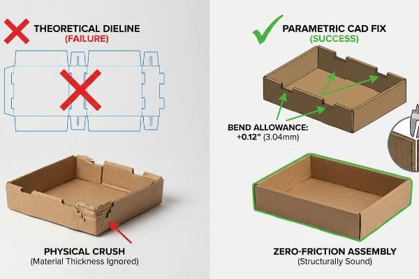 Corrugated packaging: Theoretical Dieline failure, Physical Crush, vs. Parametric CAD Fix, 0.12-inch Bend Allowance.
