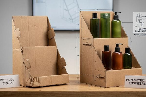 Corrugated cardboard display stands illustrating Web Tool Design vs. Parametric CAD Engineering, with caliper compensation and bend allowance details.