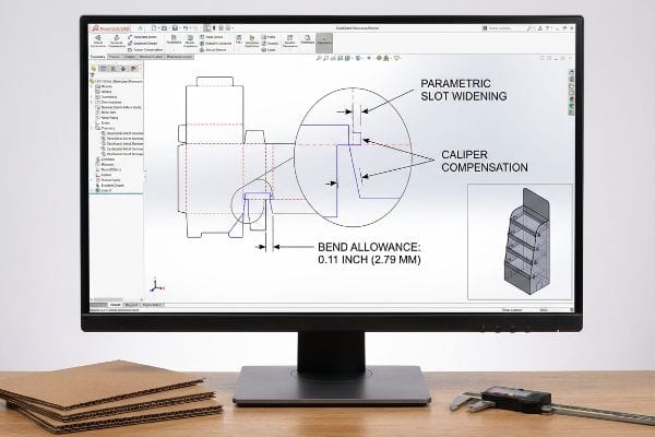 CAD drawing on monitor shows Parametric Slot Widening, Caliper Compensation, 0.11in Bend Allowance. Corrugated, digital caliper.