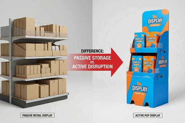 Passive Active Display Metal shelving unit with brown cardboard boxes labeled "Passive Retail Display" contrasted with a blue and orange corrugated POP display holding "Display" products, illustrating Passive Storage vs. Active Disruption.
