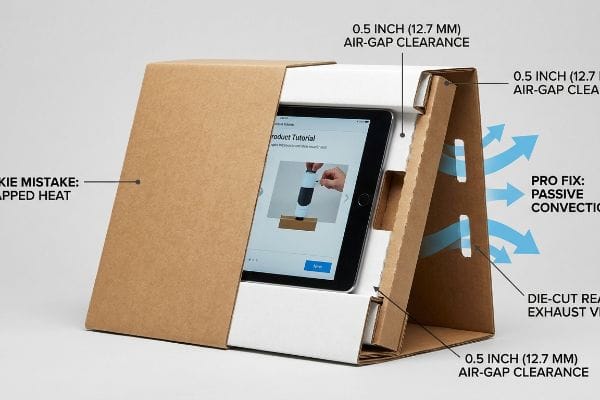 Corrugated cardboard POS display with tablet, showing 0.5 Inch (12.7 Mm) Air-Gap Clearance and Die-Cut Rear Exhaust Vents for Passive Convection, preventing Trapped Heat.