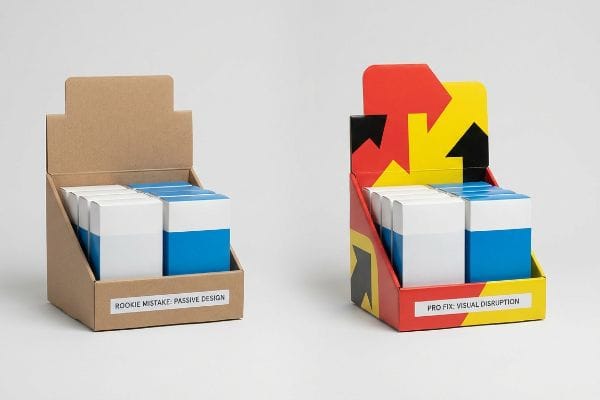 Passive vs Disruptive Displays Brown cardboard 'Rookie Mistake: Passive Design' display contrasts with vibrant 'Pro Fix: Visual Disruption' POP unit.