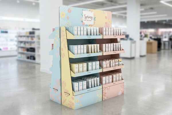A vibrant retail display showcasing a Spring Collection of cosmetics in a multi-tiered cardboard stand with pastel floral patterns.
