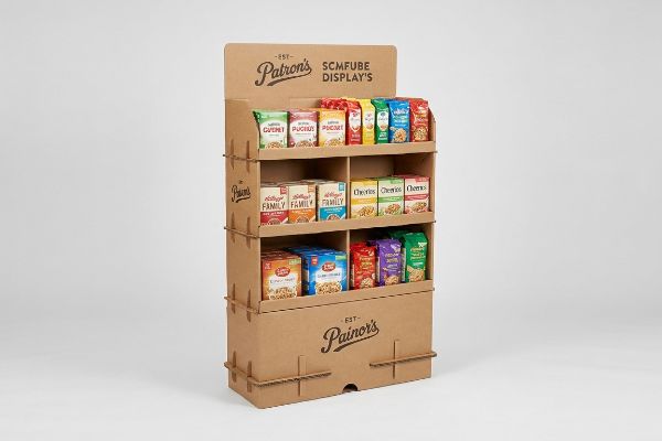 A sturdy corrugated cardboard display stand, branded Patron's Scmfube Display's, showcases various Kellogg's Family and Cheerios cereals on three shelves for retail merchandising.