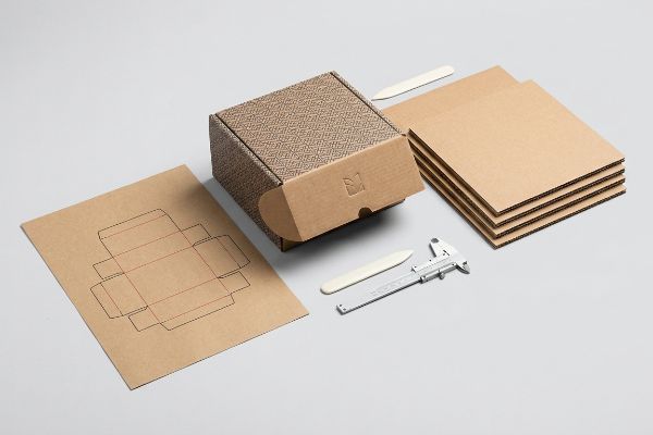 Corrugated box design elements: a patterned custom box, flat template, cardboard stack, bone folders, and a caliper on a gray surface.