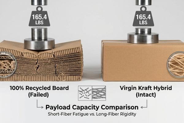 Crushed 100% Recycled Board (short-fiber fatigue) vs. intact Virgin Kraft Hybrid (long-fiber rigidity) under 165.4 Lbs payload.