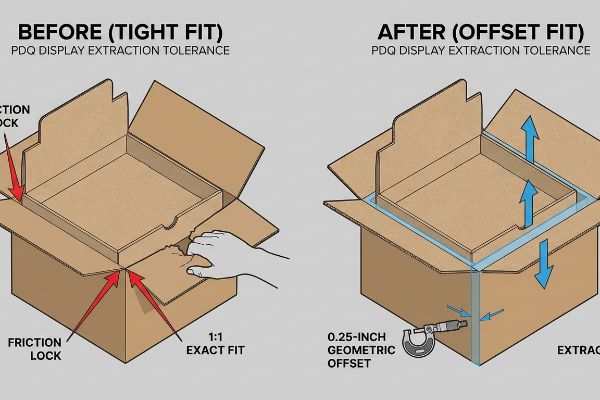 Cardboard boxes demonstrate PDQ Display Extraction Tolerance, contrasting a Tight Fit's Friction Lock with an Offset Fit's 0.25-Inch Geometric Offset.
