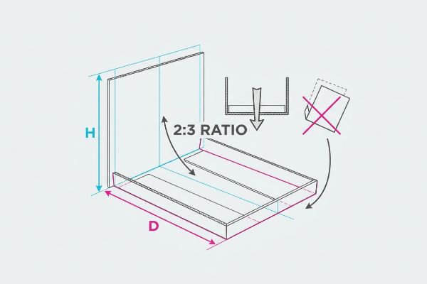 Isometric line drawing shows a PDQ display tray with 'H' height and 'D' depth, emphasizing the '2:3 Ratio' for structural stability and proper shelf integration.