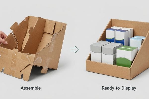 Brown corrugated cardboard PDQ display box assembly, from 'Assemble' flat-pack to 'Ready-to-Display' with product boxes.