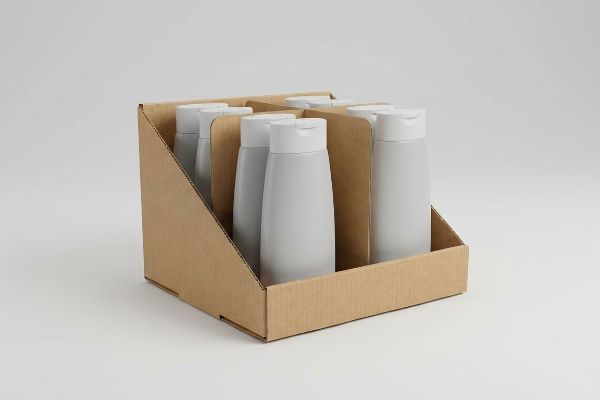 Brown corrugated cardboard PDQ display tray filled with light gray plastic bottles with white flip-top caps, ready for retail.