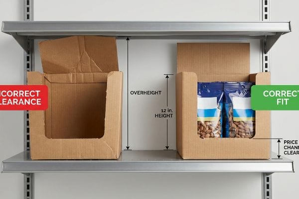 Zwei PDQ-Kartons aus Wellpappe auf einem Metallregal im Einzelhandel veranschaulichen den korrekten und den inkorrekten vertikalen Abstand. Der linke Karton ist leer und beschriftet 