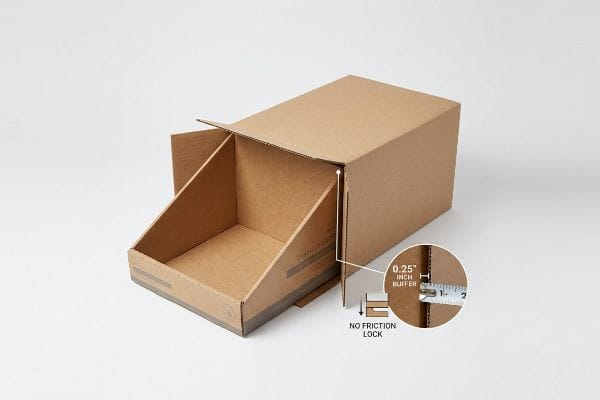 Corrugated PDQ display tray with a 0.25 Inch Buffer measured, illustrating No Friction Lock for easy retail unboxing.