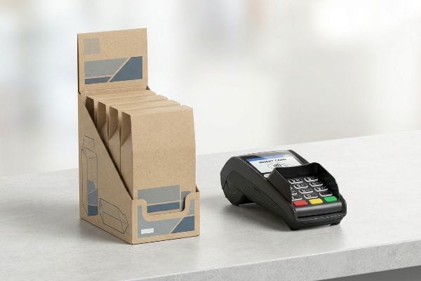 Brown cardboard PDQ counter display with abstract blue graphics, filled with boxes, positioned beside a black Chip & Pin payment terminal showing 'Insert Card' on a light grey counter.