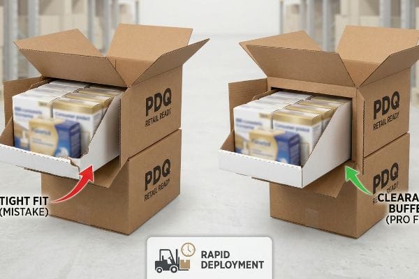 Two PDQ Retail Ready cardboard boxes comparing a Tight Fit (Mistake) with a Clearance Buffer (Pro Fix) for Rapid Deployment in warehouse logistics.