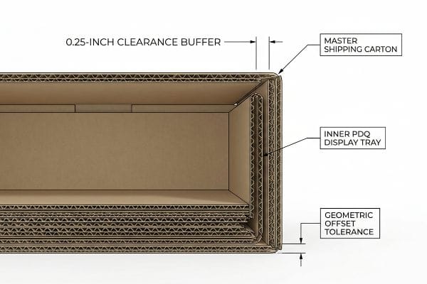 Corrugated cardboard cross-section showing a 0.25-Inch Clearance Buffer between a Master Shipping Carton and an Inner PDQ Display Tray, illustrating Geometric Offset Tolerance.