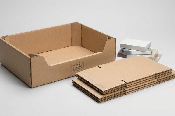 Brown corrugated PDQ Compliant tray, fully assembled, with a stack of flat-packed cardboard display trays, highlighting retail ready packaging.