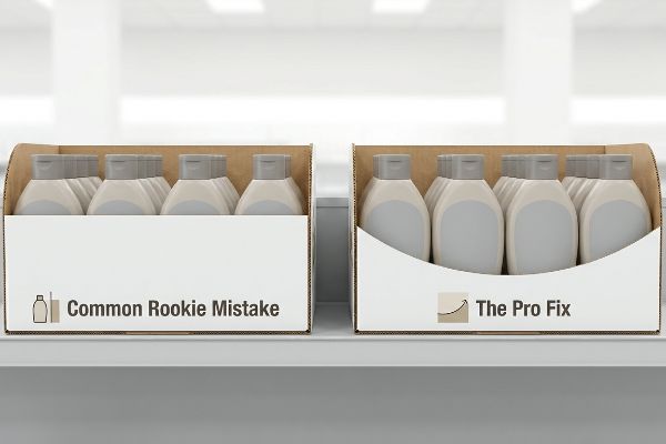Two cardboard PDQ display trays on a shelf, comparing a 'Common Rookie Mistake' with a tall retaining lip to 'The Pro Fix' featuring a die-cut curved swoop for better product visibility.