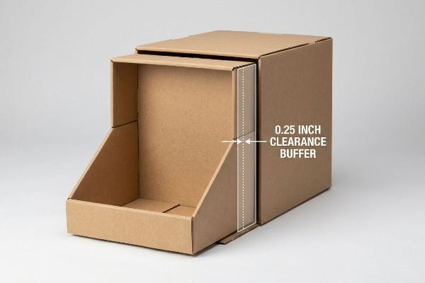Corrugated cardboard PDQ display tray nested inside a shipping carton, illustrating a 0.25 Inch Clearance Buffer for easy extraction.