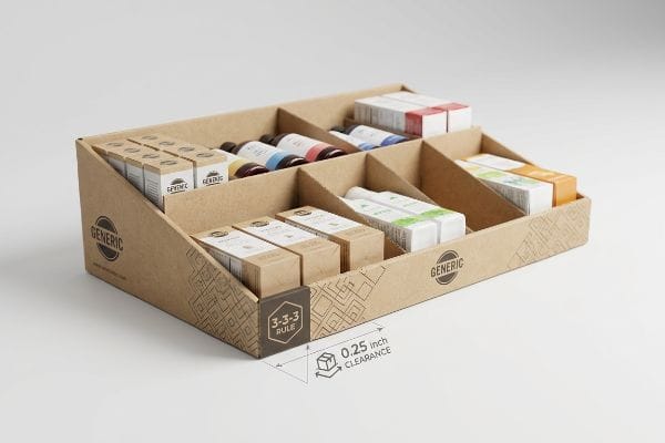 Kraft cardboard PDQ display with Generic branding, modular dividers, 3-3-3 Rule, and 0.25-inch clearance for CPG products.