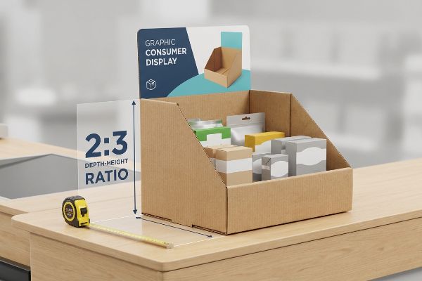 Corrugated PDQ display on counter, showing 2:3 Depth-Height Ratio with measuring tape and 'Graphic Consumer Display' header.