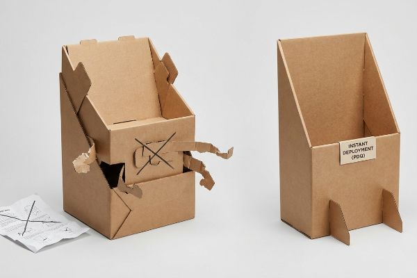 Brown corrugated cardboard PDQ displays, one torn with instructions, the other perfectly assembled with an 'Instant Deployment (PDQ)' label.