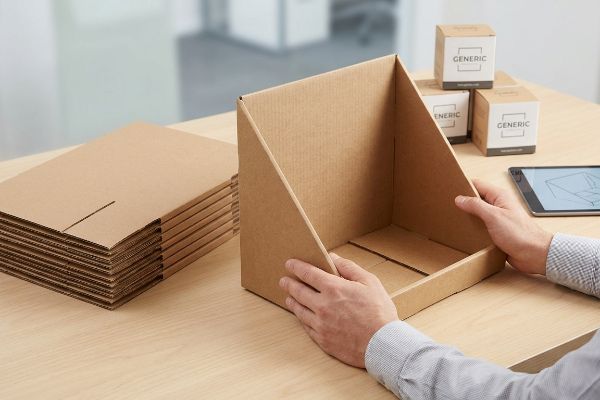 Brown corrugated PDQ display being assembled by hands, with flat-packed trays and Generic product boxes nearby.