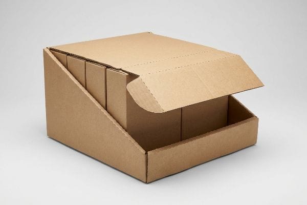 Brauner, gewellter PDQ-Displaykarton mit einer teilweise geöffneten, perforierten Abreißlasche, die kleinere Produktkartons freigibt.