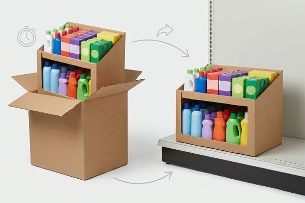 A pre-filled PDQ display unit quickly transitions from a shipping carton to a retail shelf, highlighting fast merchandising and labor efficiency for seasonal products.
