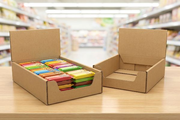 Two cardboard PDQ display boxes, one holding colorful snack bars, the other empty, on a wooden counter in a supermarket.
