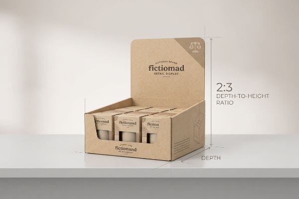 Kraft paper Fictionmad PDQ retail display illustrates the 2:3 Depth-to-Height Ratio for stable countertop placement.