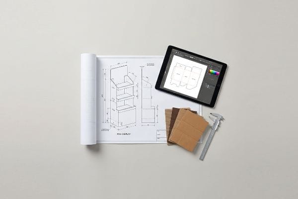 Vista superior de um projeto detalhado de display para ponto de venda (PDV), um tablet mostrando um molde de papelão ondulado, amostras de papelão e um paquímetro, ilustrando a engenharia precisa de displays PDQ.