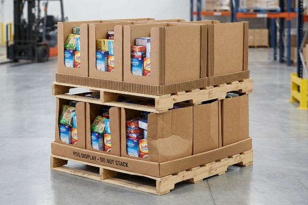 Corrugated PDQ display bins with packaged food on pallets in a warehouse, marked 'Pdq Display - Do Not Stack'.