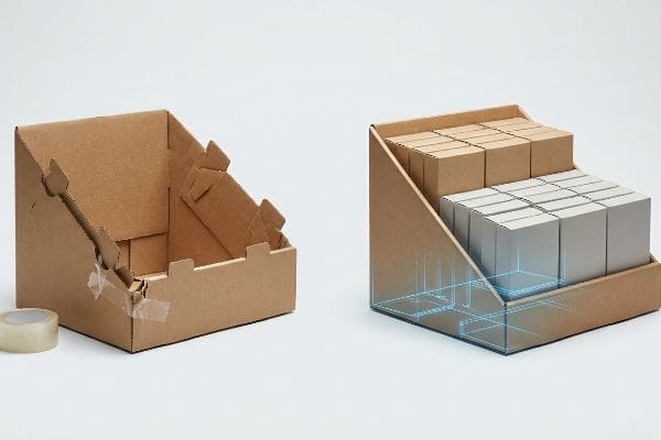 Cardboard PDQ display comparison: a taped, unglued unit versus a pre-filled, engineered retail-ready display.