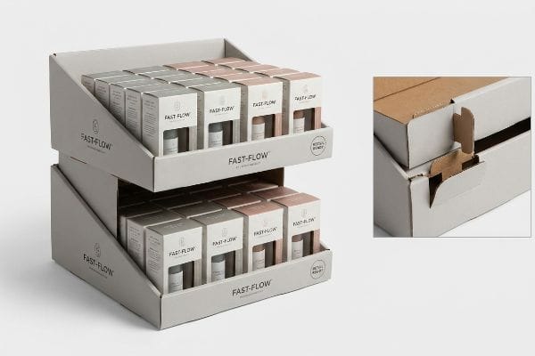 Grey paperboard self-stacking PDQ countertop displays for Fast-Flow Ritual Blend products, featuring an interlocking crash-lock mechanism detail.