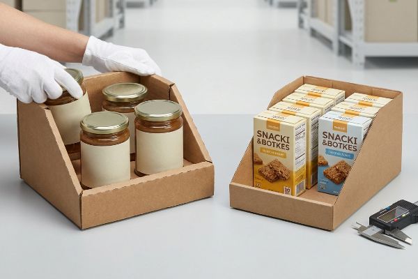 Two cardboard PDQ displays, one with glass jars and another with Snacki & Botkes snack boxes, are shown with a digital caliper.