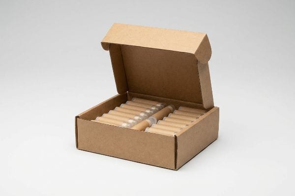 PDQ Display Product Tubes Brown corrugated cardboard PDQ display box filled with multiple small, light brown product tubes featuring clear caps, ready for retail shelves.