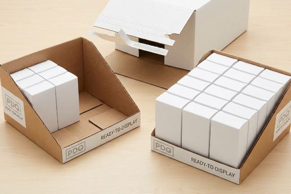 Two corrugated countertop PDQ displays, one partially filled and one fully stocked with white product boxes, labeled 'PDQ Ready-To-Display', next to an open shipping carton.
