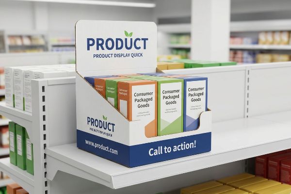 A retail shelf features a PDQ display with 'Product Display Quick' branding, showcasing 'Consumer Packaged Goods' boxes and a 'Call to action!'.