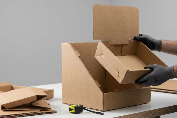 Hands in grey gloves assemble a brown corrugated cardboard PDQ floor display, showing pre-glued mechanisms for quick retail setup.