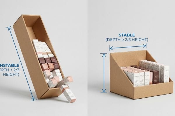 Corrugated PDQ display trays: Unstable tall unit with falling cosmetic boxes. Stable wide unit. Illustrates 2:3 Depth-to-Height Ratio.