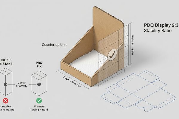 Brown corrugated PDQ countertop unit, 2:3 stability ratio, 10-inch depth, 15-inch height, showing center of gravity for tipping hazard elimination.