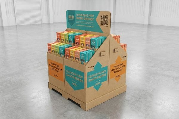 Uma unidade de exposição para varejo, feita de papelão ondulado, exibe caixas de produtos coloridas. Seu cabeçalho apresenta 