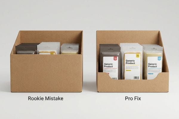 Corrugated cardboard display boxes, comparing a Rookie Mistake with hidden products to a Pro Fix with visible Pqc Generic Products.