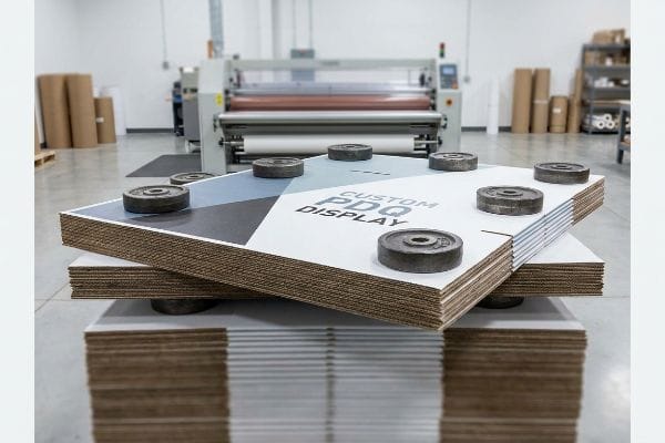 Corrugated Custom PDQ Display panels undergoing a weighted cure process to prevent warping, with metal weights flattening the printed sheets.