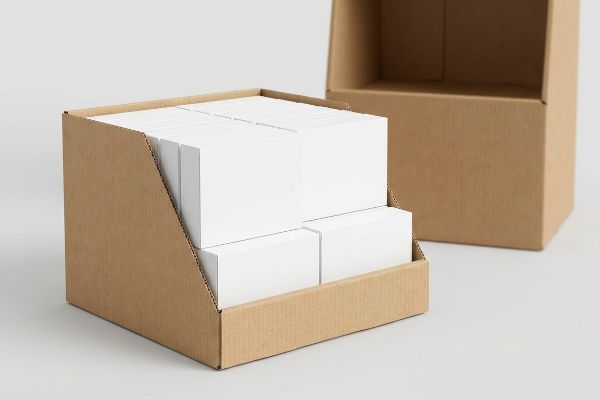 A brown corrugated cardboard PDQ display tray holds stacks of white product boxes, with an empty box behind, perfect for retail-ready packaging.