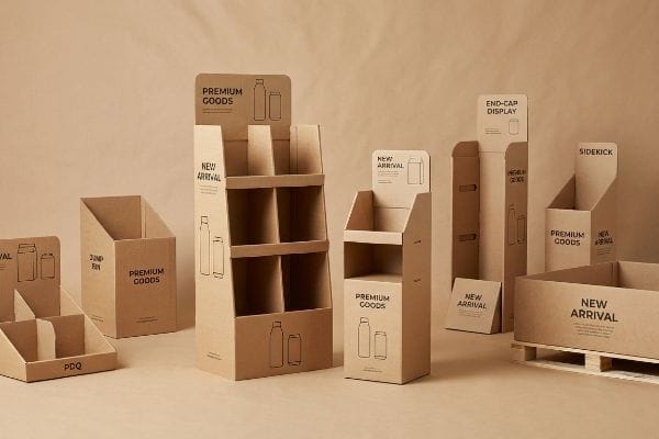 Natural kraft cardboard retail displays: multi-shelf floor unit, Jump Bin, PDQ tray, End-Cap Display, and Sidekick, branded 'Premium Goods' and 'New Arrival'.