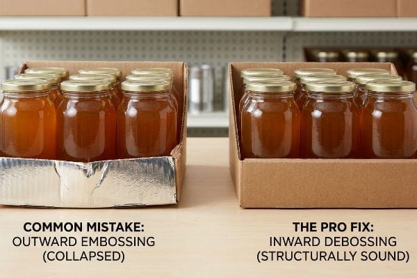 Two cardboard PDQ trays with honey jars illustrate Common Mistake: Outward Embossing (Collapsed) versus The Pro Fix: Inward Debossing (Structurally Sound).
