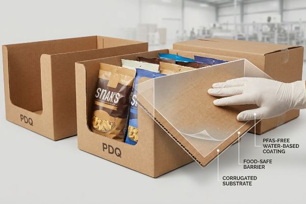 Gloved hand reveals corrugated PDQ food box layers: PFAS-Free Water-Based Coating, Food-Safe Barrier, and Corrugated Substrate, with Snaks bags.